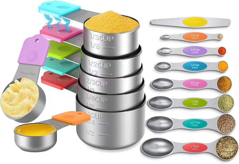 Minteem Magnetic Measuring Cups and Spoons Set, 7 Nesting Stainless Steel Measuring Cup Set with Easy to Read Markings, 7 Magnetic Measuring Spoons & 1 Leveler for Measuring Dry or Liquid Ingredients - Image 1